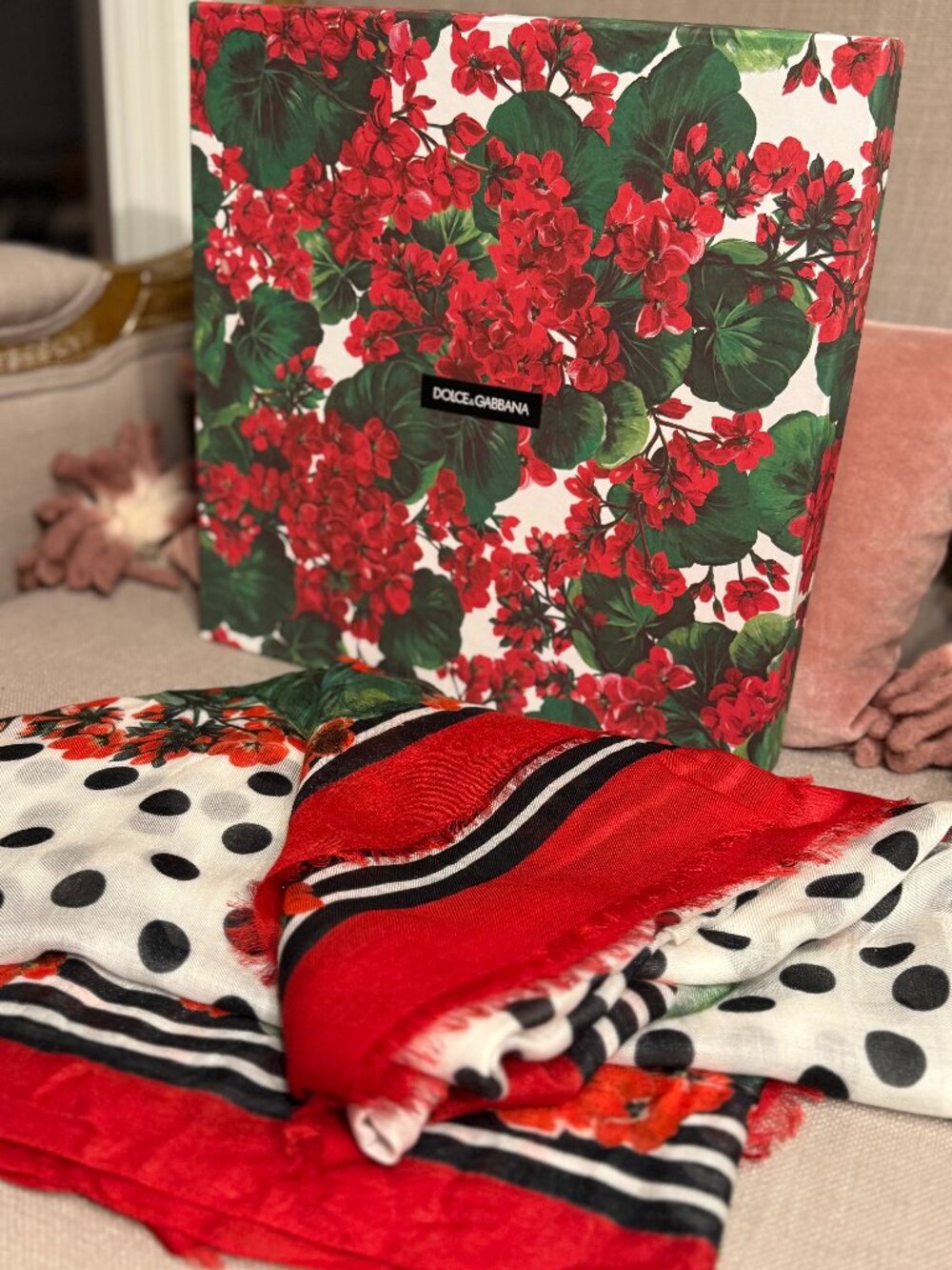 Dolce & Gabbana Geranium Polka Dot Modal Cashmere Scarf Shawl Box